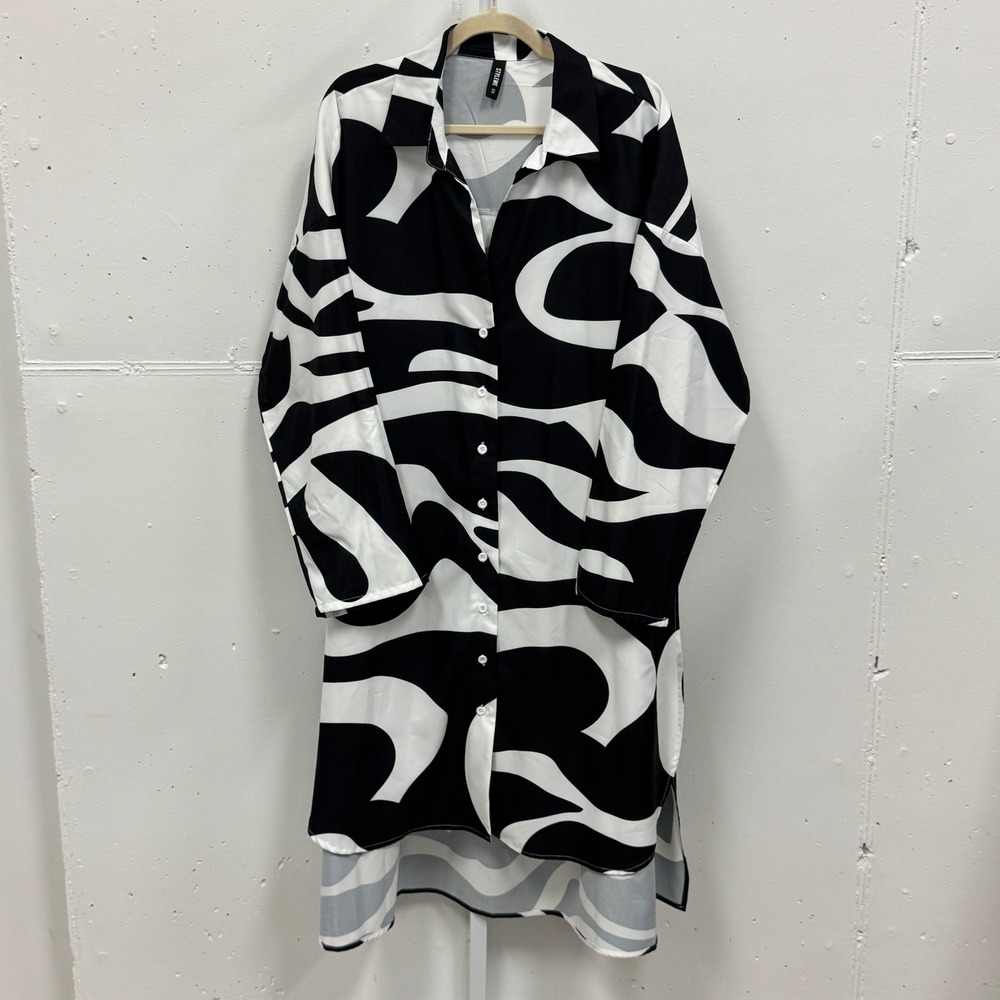 Stylewe Black White Abstract Swirl Print Button Down Shirt Tunic‎ 2X Oversized